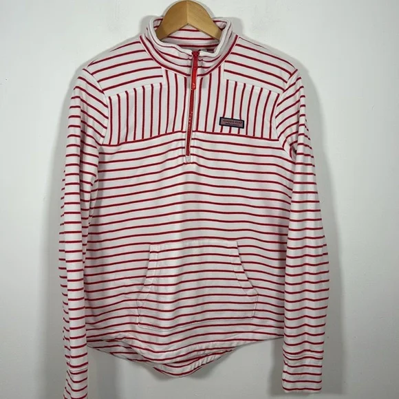 Vineyard Vines 1/4 Zip Fleece Sweatshirt M Orange White Stripe Sweater Preppy - Picture 9 of 9
